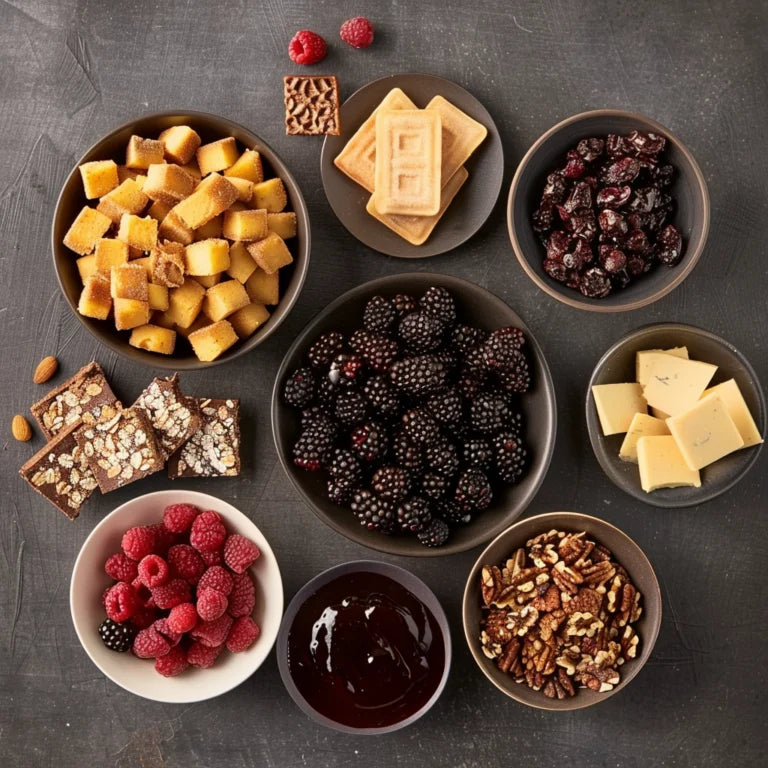 Assorted snacks including cheese, crackers, Chickasaw blackberries, and nuts on a dark surface.