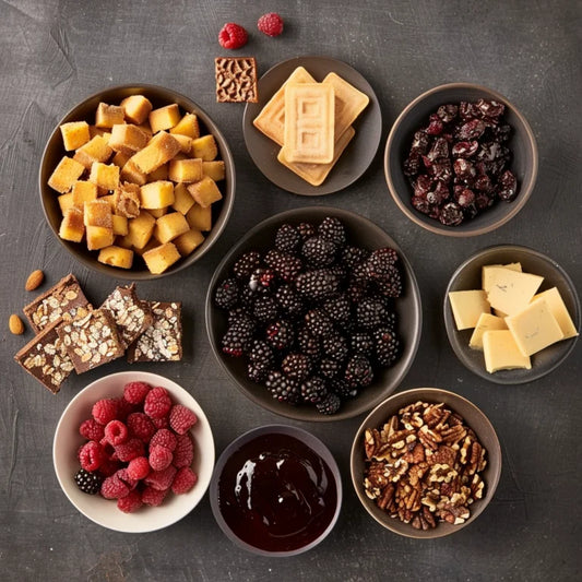 Assorted snacks including cheese, crackers, Chickasaw blackberries, and nuts on a dark surface.