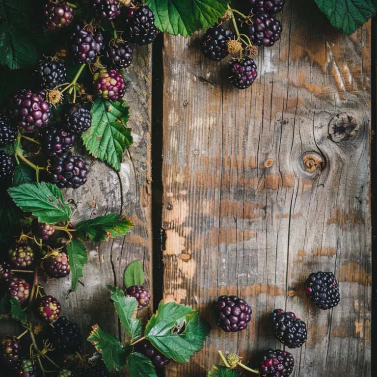 Siskiyou Blackberries with green leaves on a rustic wooden surface